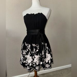 Black Strapless Dress with White Floral Design